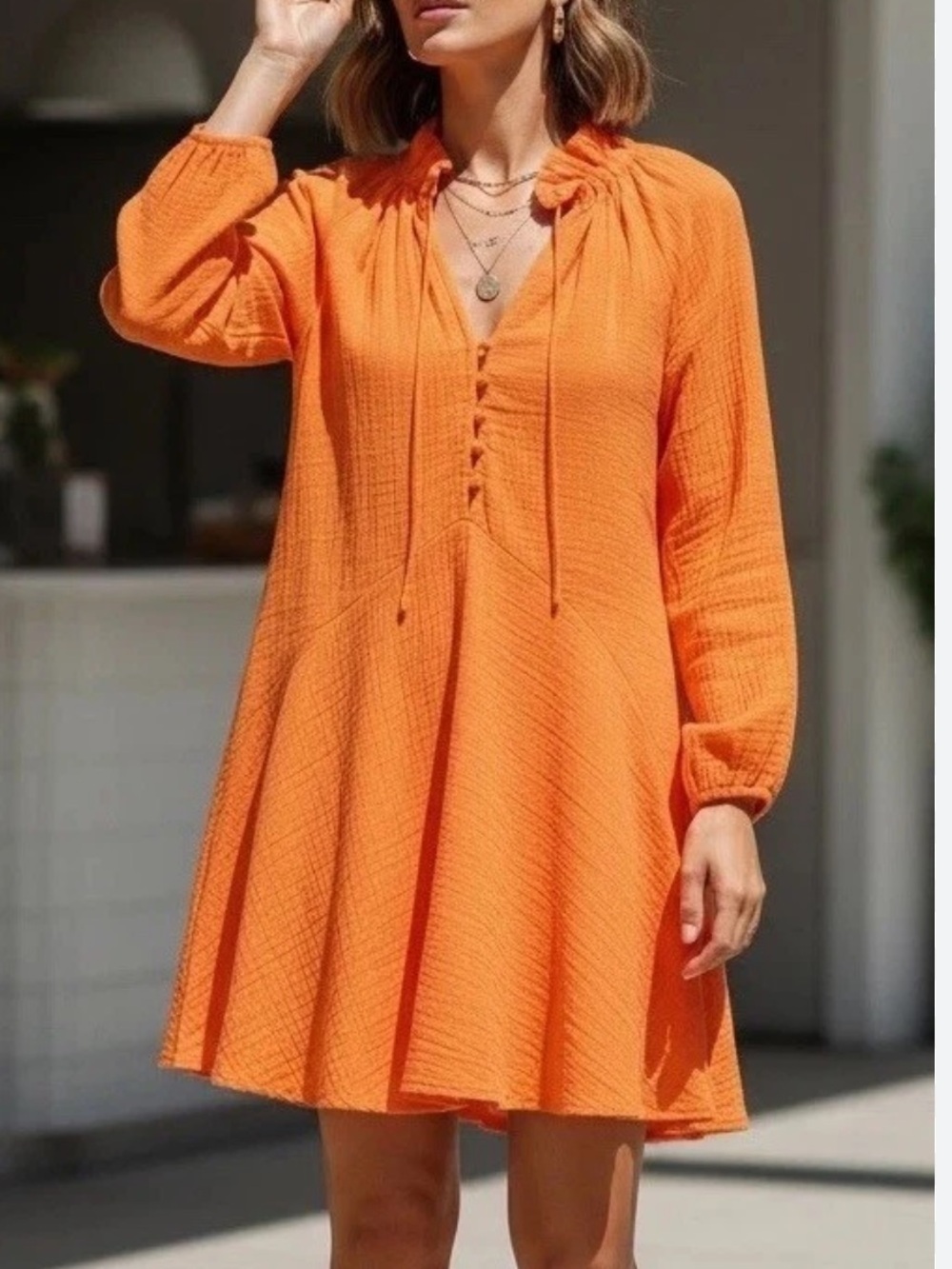 Magaschoni Orange Organic Cotton Gauze Textured V‑Neck Mini Swing Dress